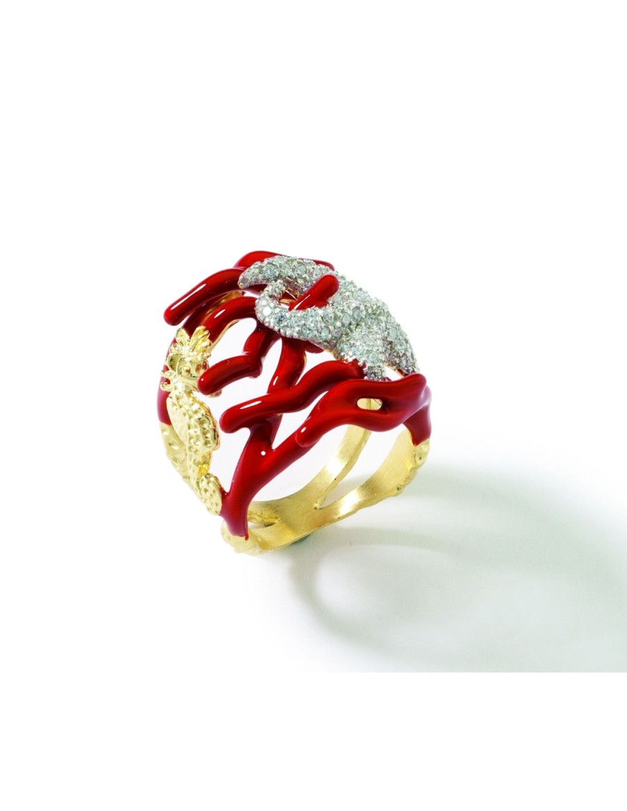 Gioielli Misis - live your nature | Misis Reef Party Anello Argento Placcato, Smalto Corallo Rosso E Zirconi An02905